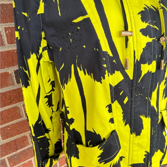 BEREK Blazer Bright Yellow Black Rhinestones Palm Tree Womens L Coastal Grandma - Picture 8 of 14